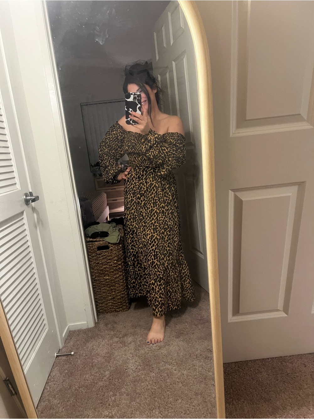 Off-Shoulder Leopard Print Maxi Dress in Brown